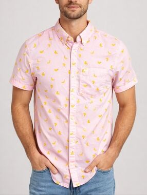 Hollister Epic Flex Banana Print Button Down Shirt Men’s Pink Short Sleeve Large